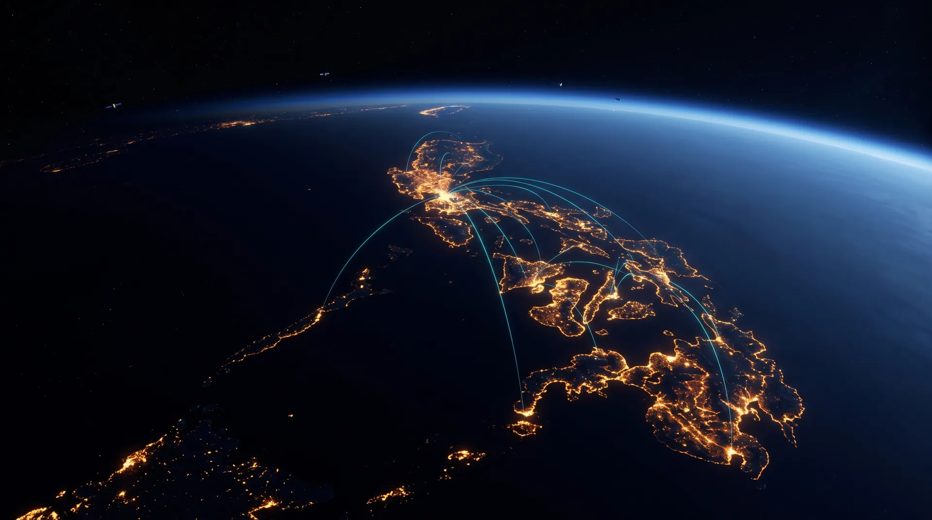 Illustrative: the Philippine islands at night seen from orbit, linked by cyan network arcs