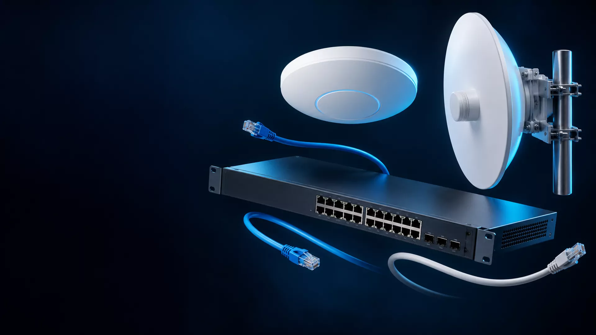 Illustrative: network hardware floating apart: a switch, a Wi-Fi access point, a point-to-point antenna and patch cables
