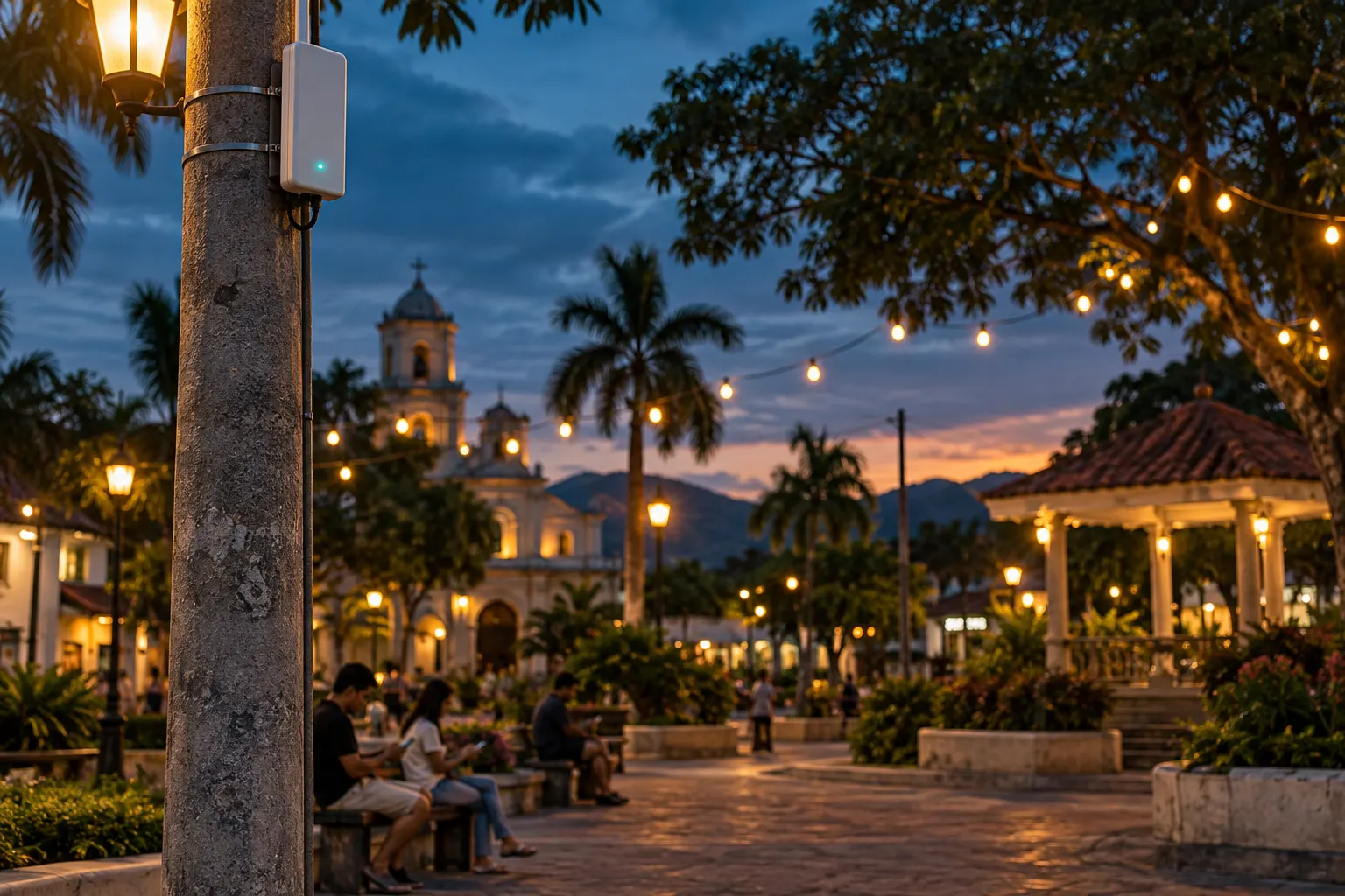 AI-generated illustration: a town plaza at dusk, people on benches using their phones under an outdoor Wi-Fi access point on a lamp post