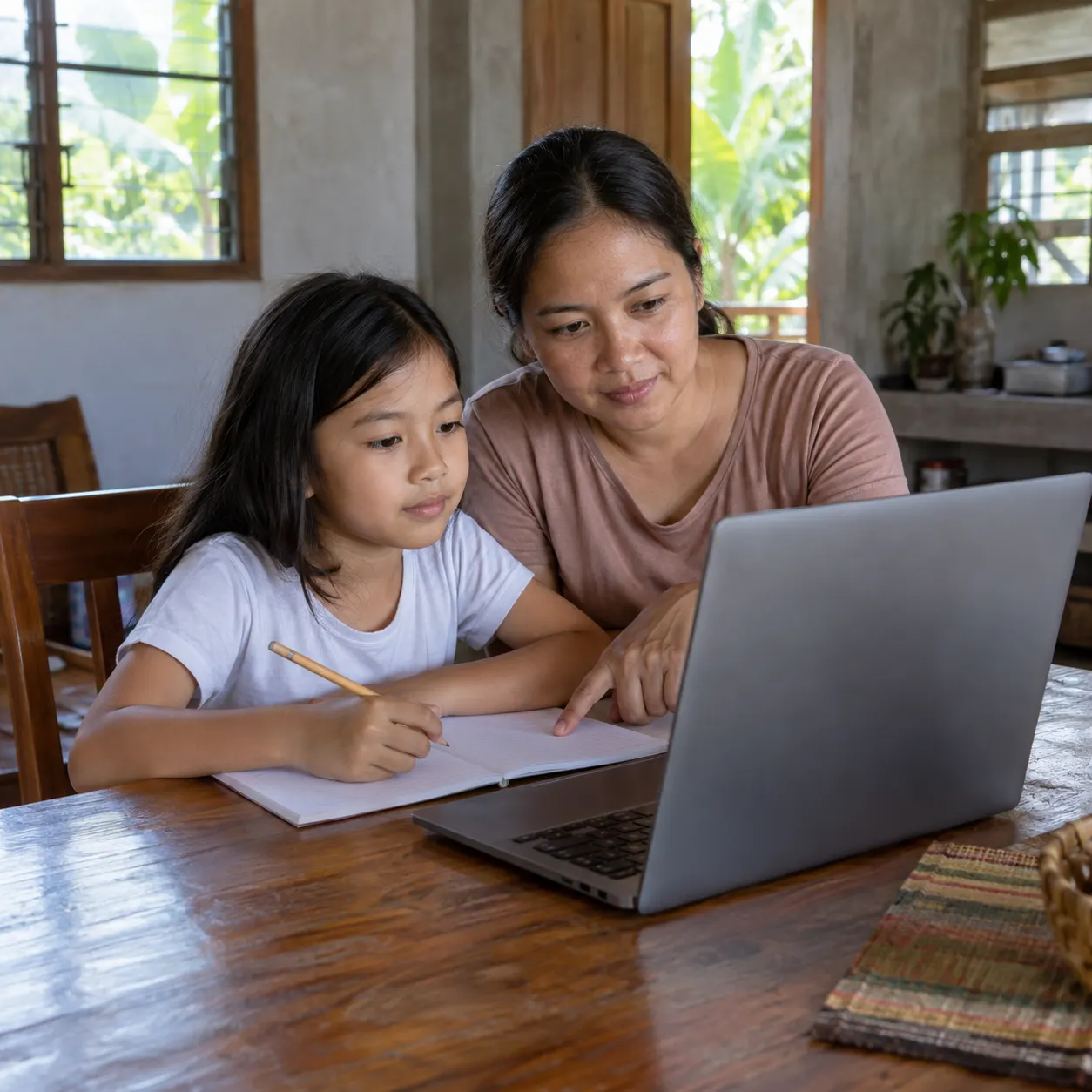 Illustrative: a child studying online with a parent
