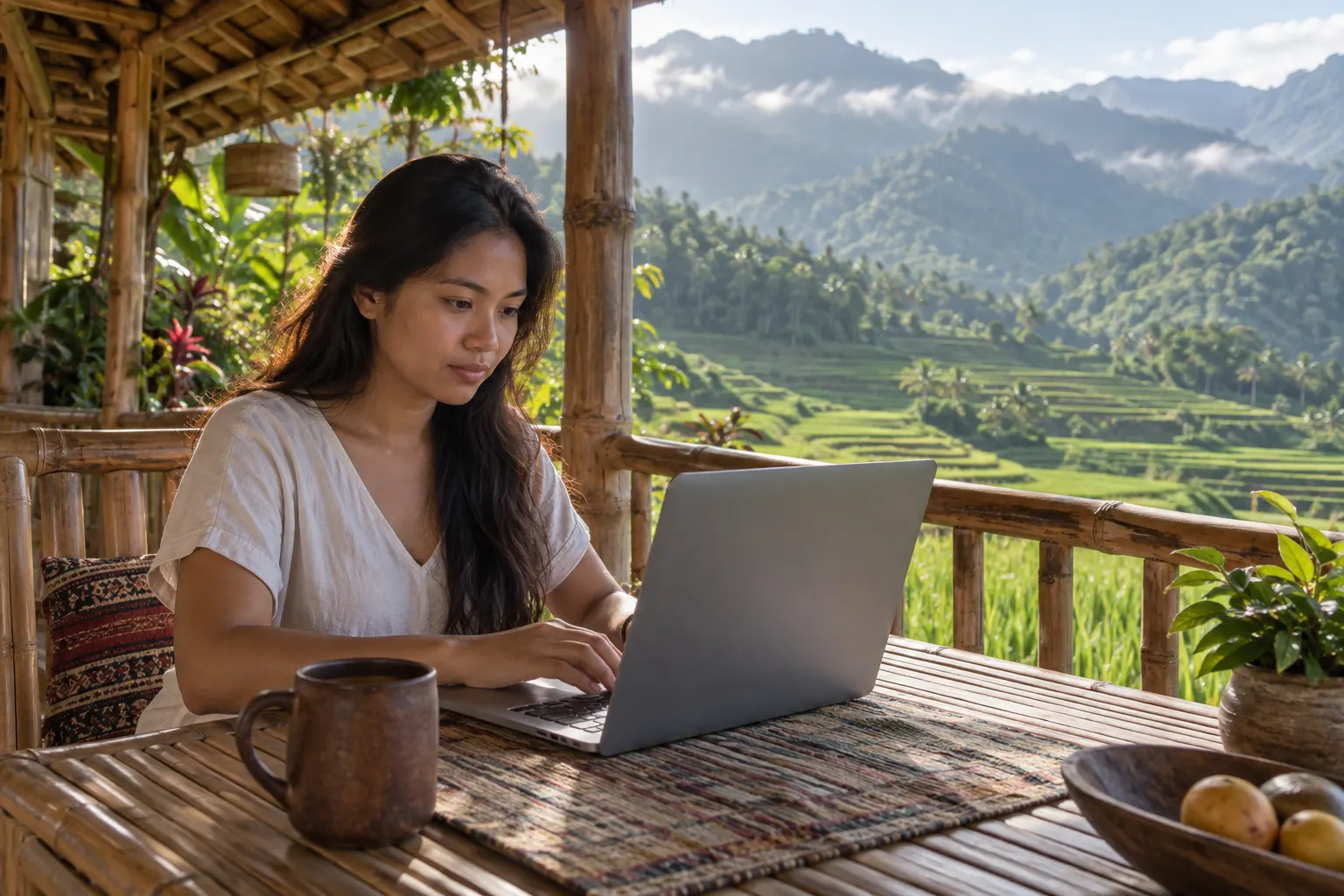 Illustrative: a freelancer working above rice terraces