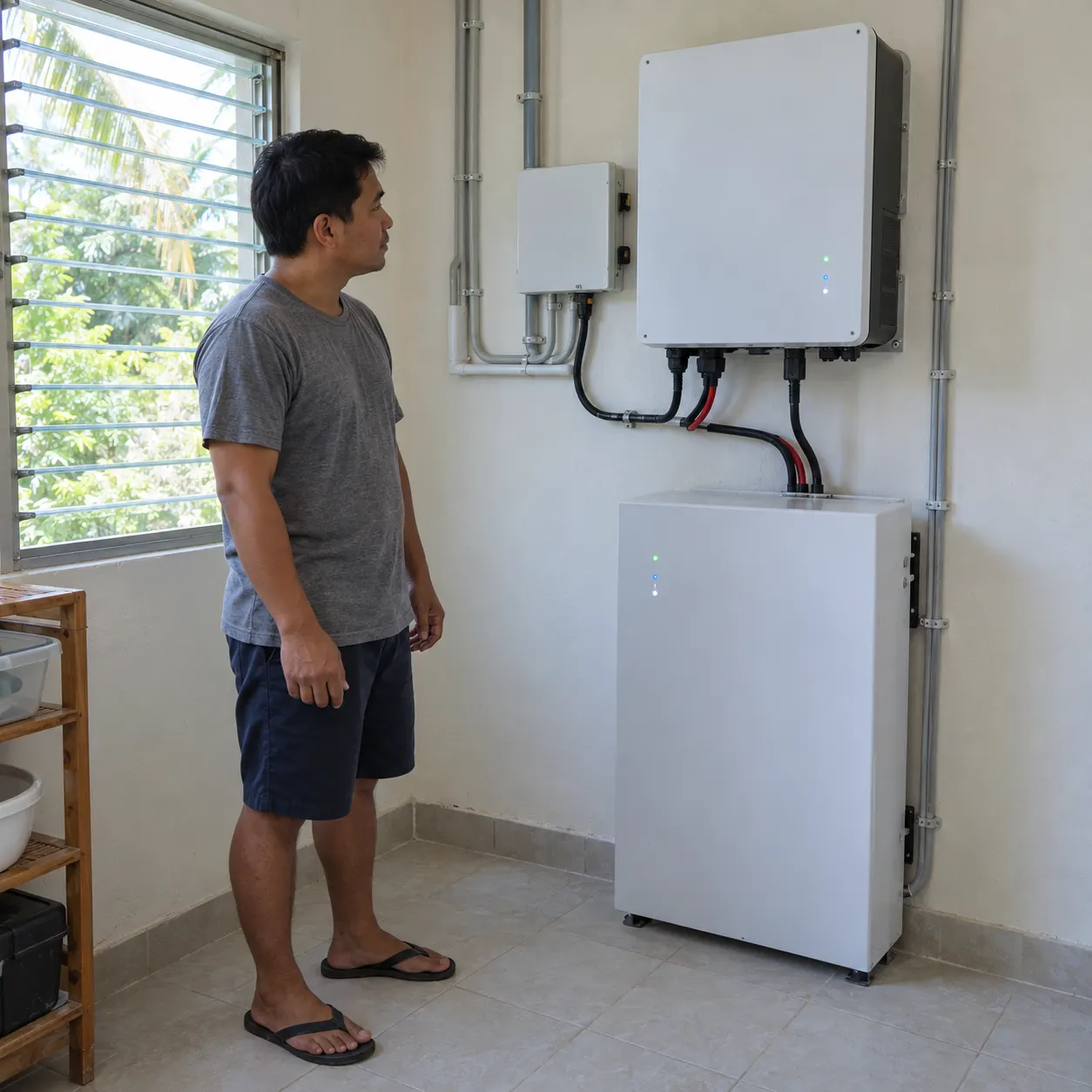 Illustrative: a hybrid inverter and battery cabinet with tidy cabling