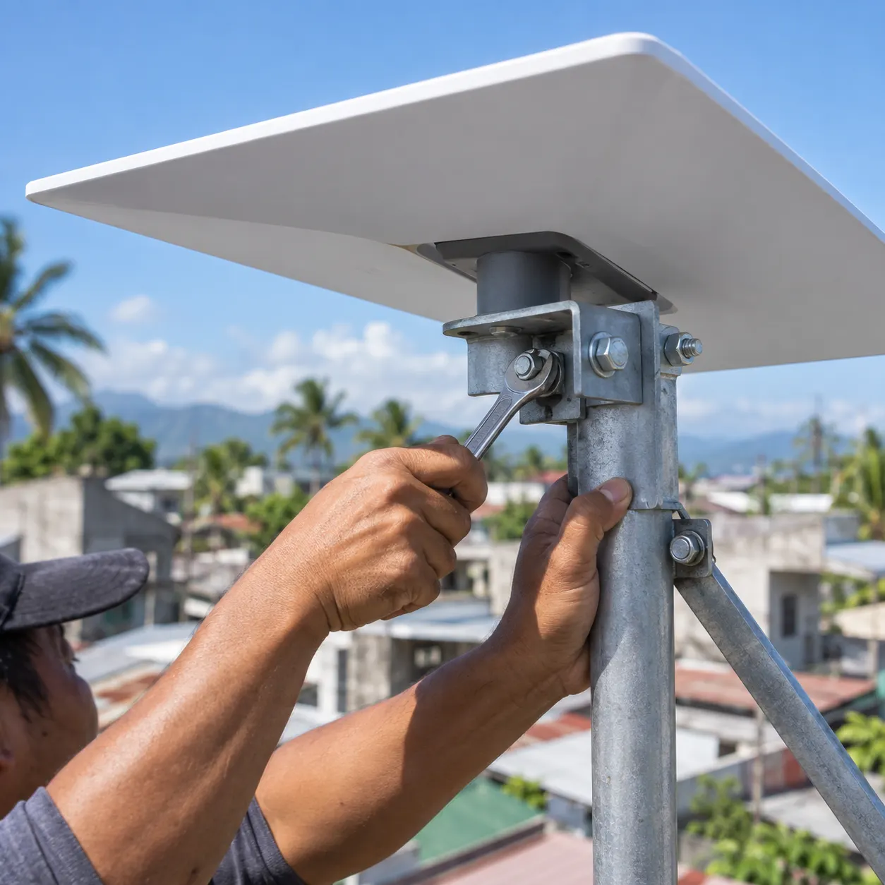 Illustrative: hands tightening a satellite dish mount