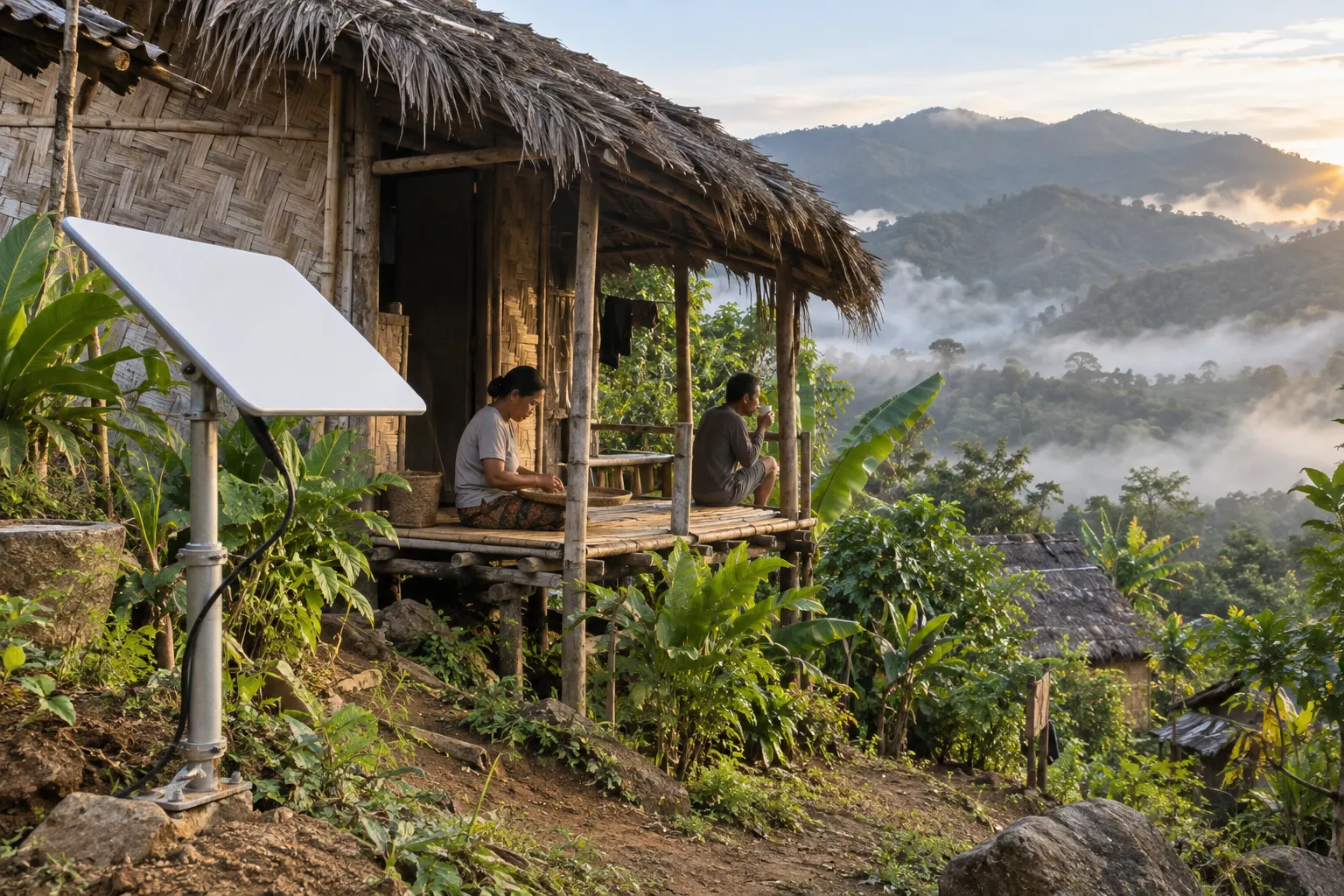 Illustrative: a dish beside a home in a misty mountain village