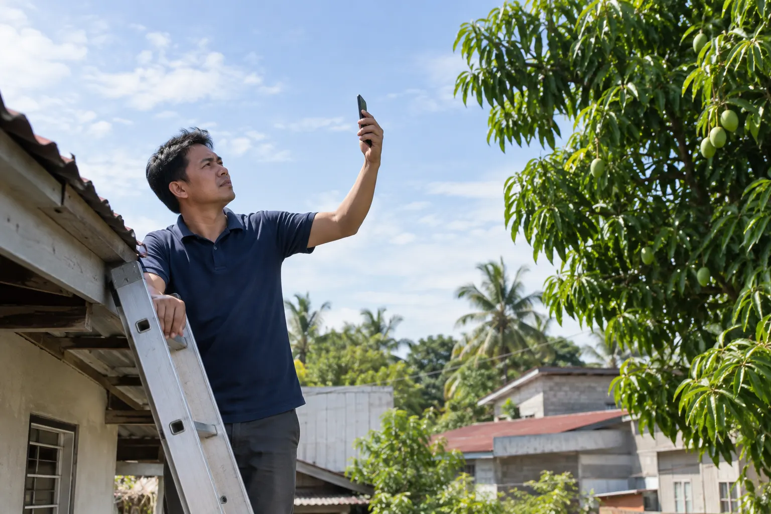 Illustrative: a technician checking the sky view from a ladder
