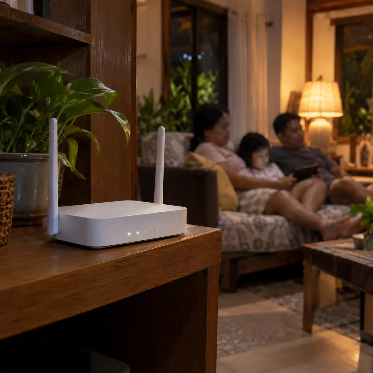 Illustrative: a router on a shelf with a family in the background
