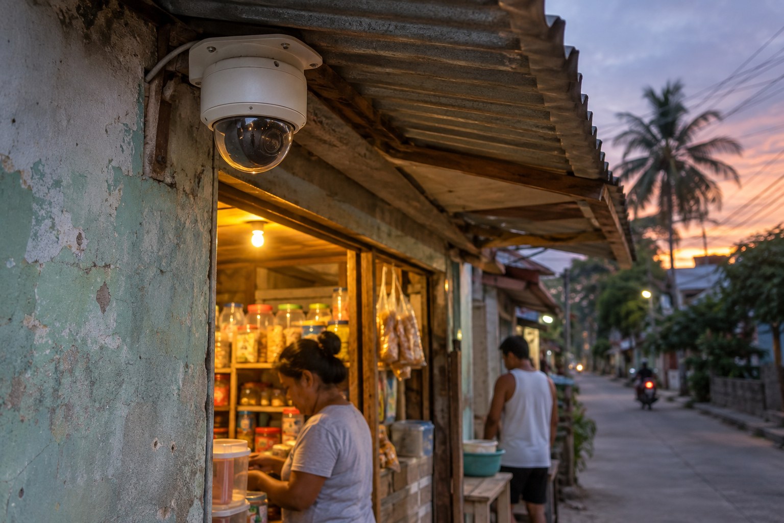 A white dome security camera under the tin roof of a small neighbourhood sari-sari store at dusk, with the shopkeeper working under a warm bulb inside.