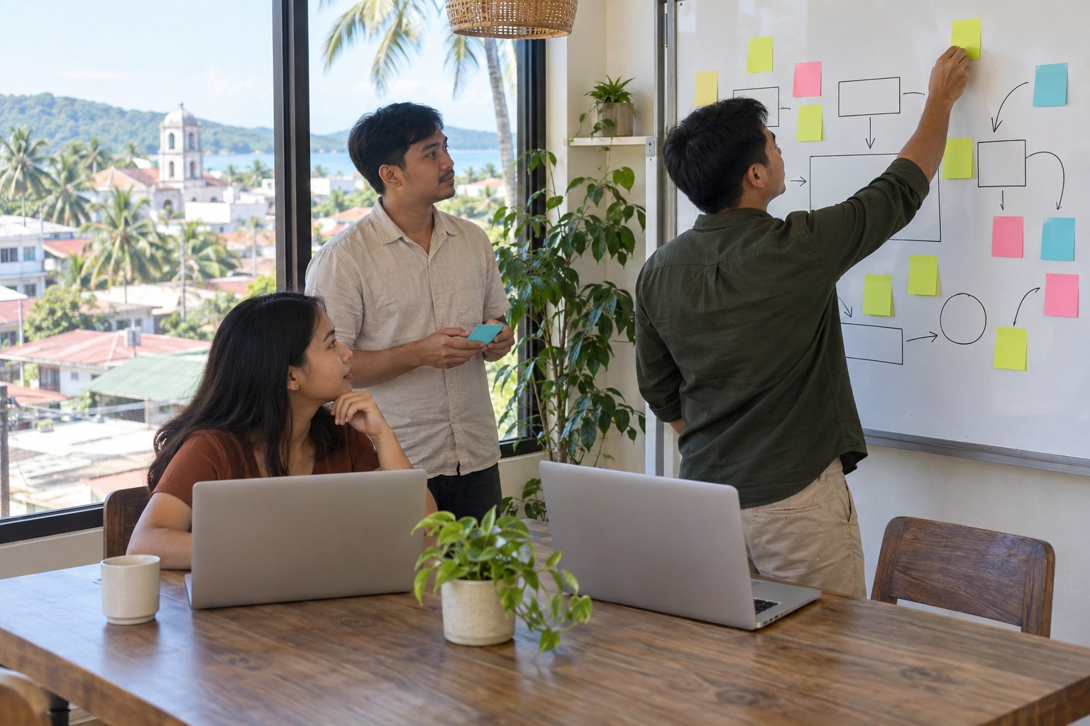 Three young Filipino colleagues plan an app on a whiteboard covered in sticky notes and hand-drawn boxes and arrows, with laptops on a wooden table and a palm-lined seaside town outside the window.