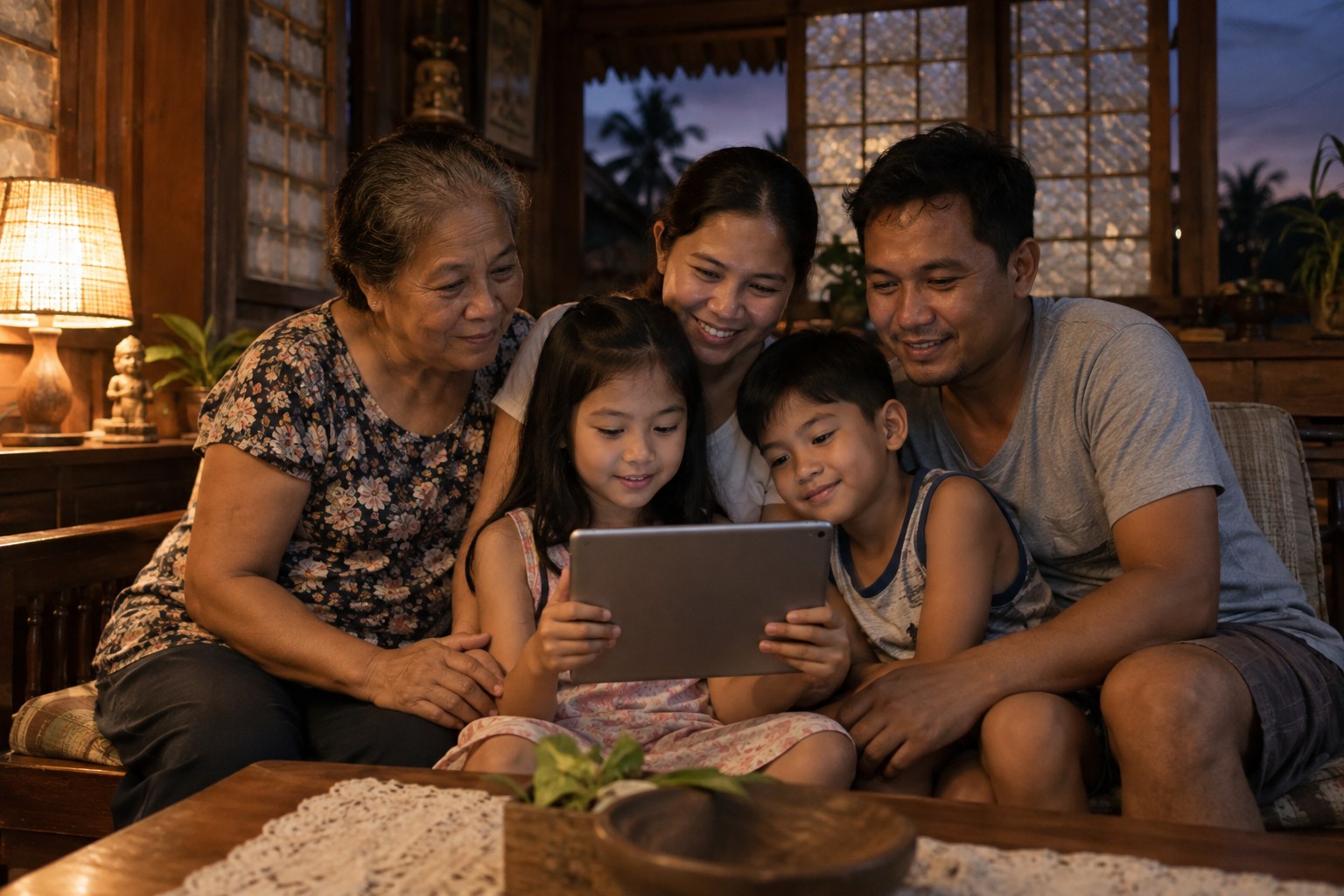 A Filipino family of five, from grandmother to young children, huddles on a wooden sofa in a warmly lit provincial living room in the evening, smiling at a tablet.