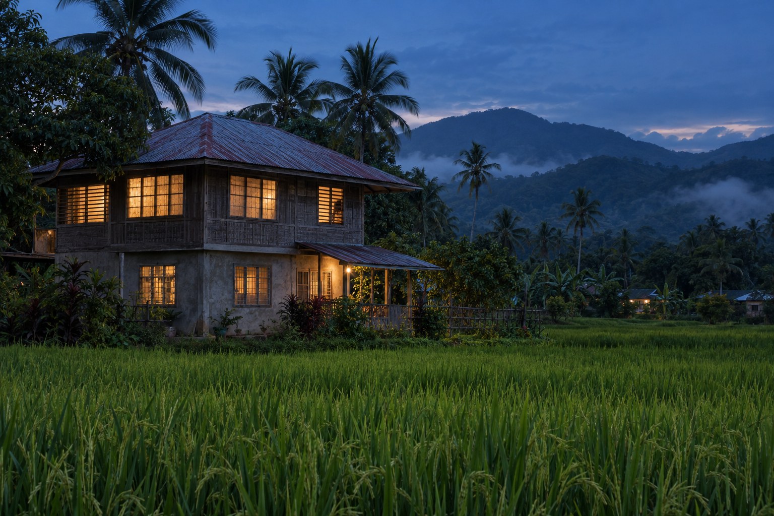 A two-storey provincial Filipino house with warm lights glowing in its windows at blue hour, green rice field in the foreground and misty mountains and coconut palms behind.