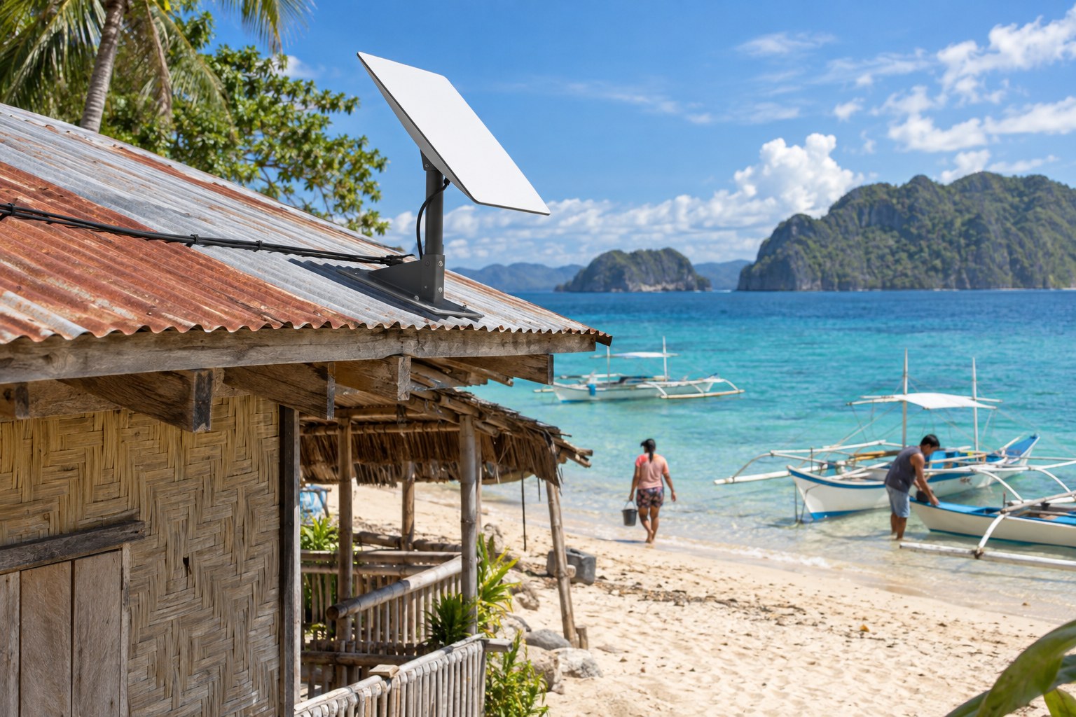 A satellite dish mounted on the rusty tin roof of a bamboo beach hut overlooks turquoise water, outrigger boats and limestone islands.