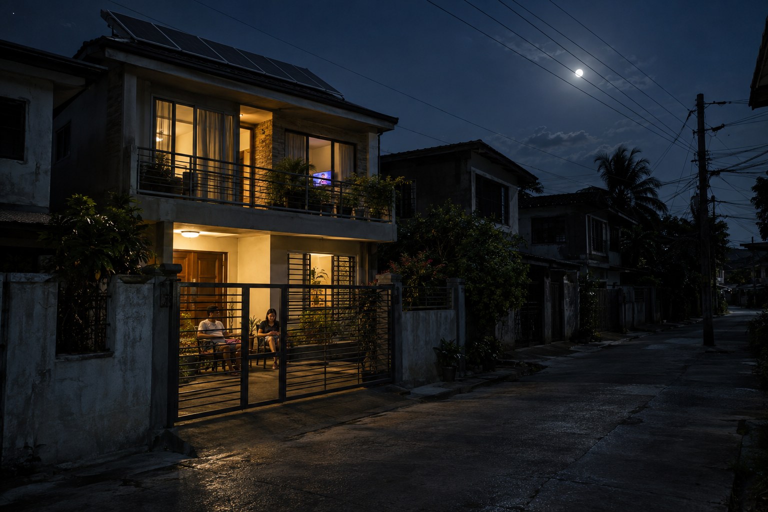 At night during a brownout, one two-storey house with rooftop solar panels glows with light while the rest of the street is dark.